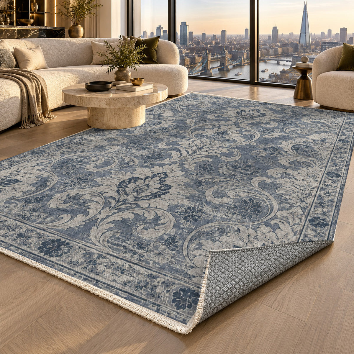 Washed Damask Slate Blue Vintage Washable Rug — london luxury living