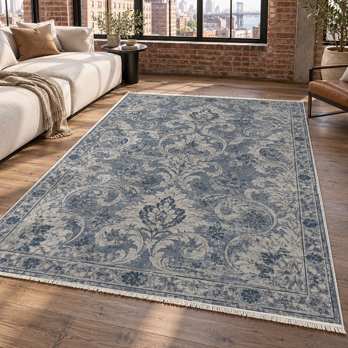 Washed Damask Slate Blue Vintage Washable Rug — new york living