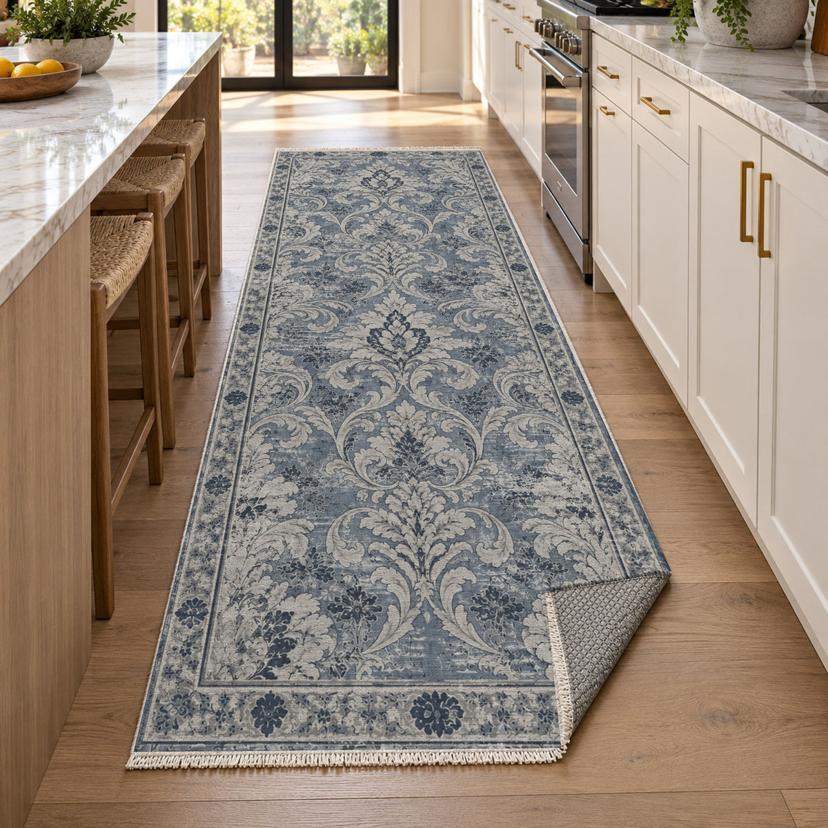 Washed Damask Slate Blue Vintage Washable Rug — new york kitchen runner