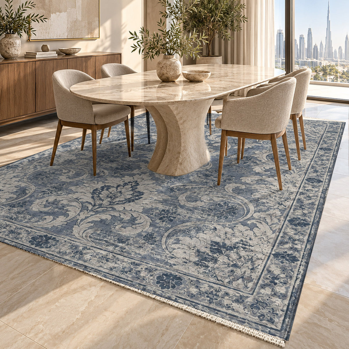 Washed Damask Slate Blue Vintage Washable Rug — dubai dining