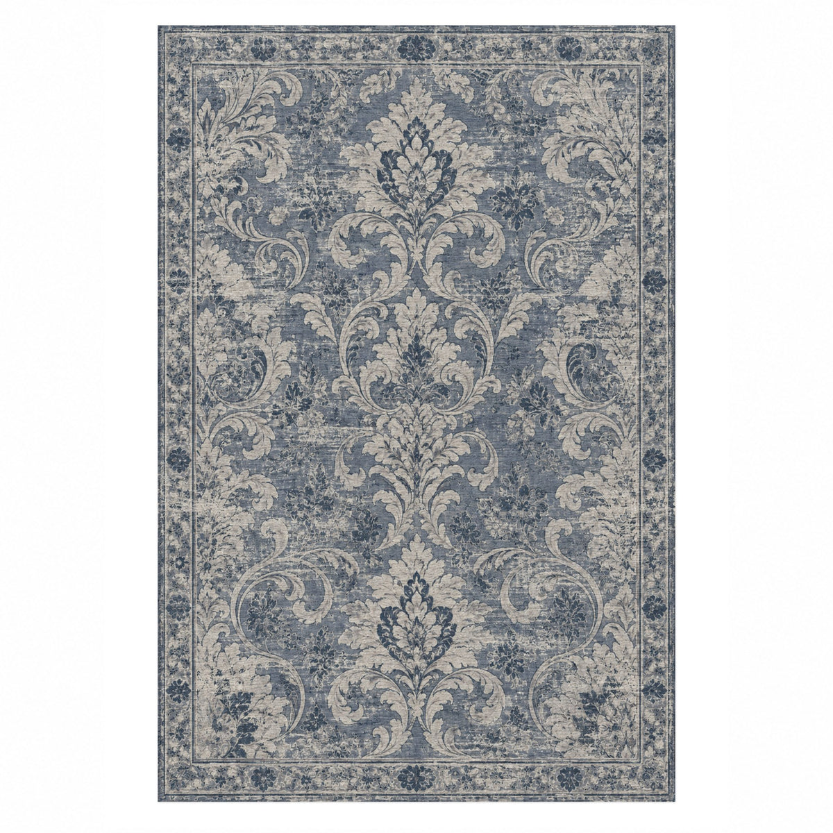 Washed Damask Slate Blue Vintage Washable Rug — top view