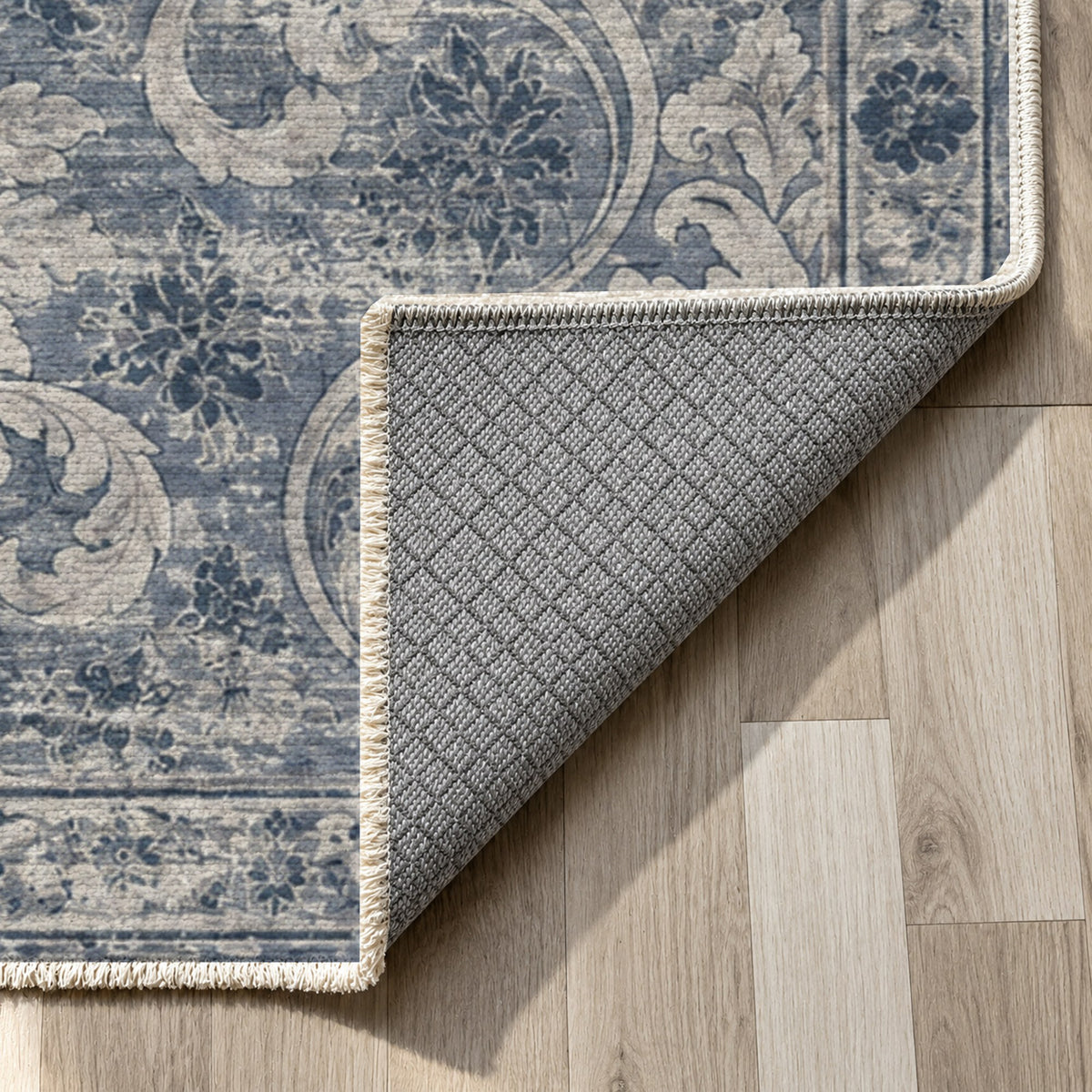 Washed Damask Slate Blue Vintage Washable Rug — backing close up