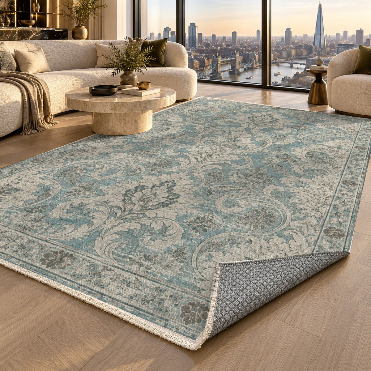 Washed Damask Turquoise Blue Vintage Washable Rug — london luxury living