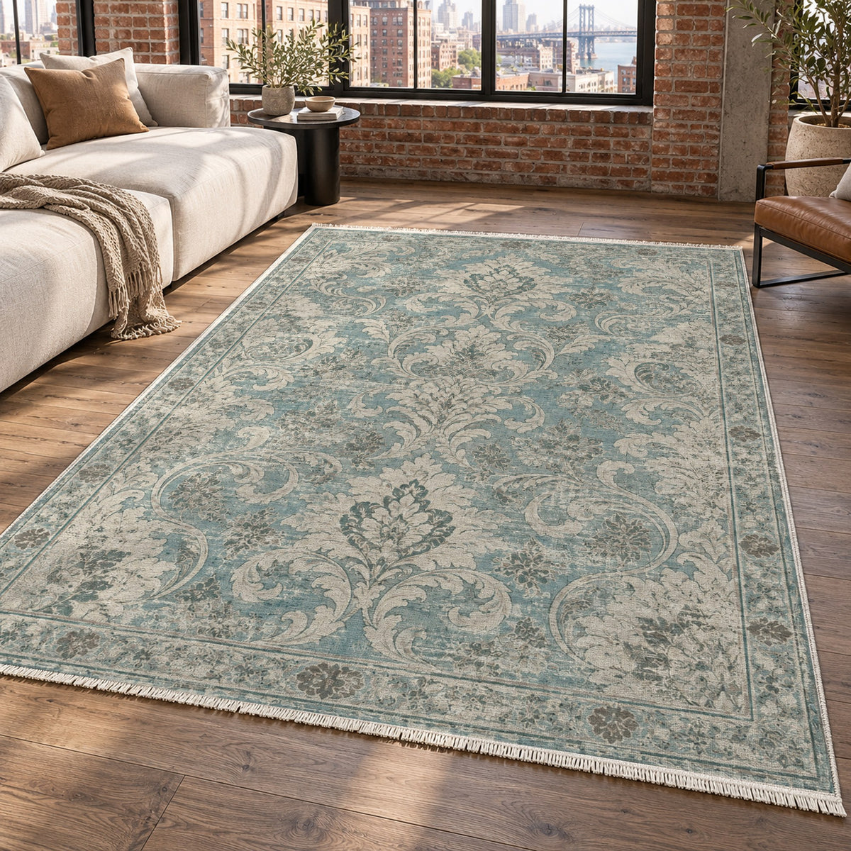 Washed Damask Turquoise Blue Vintage Washable Rug — new york living