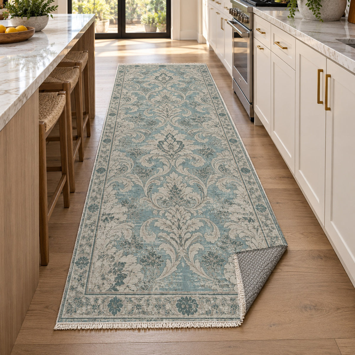 Washed Damask Turquoise Blue Vintage Washable Rug — new york kitchen runner