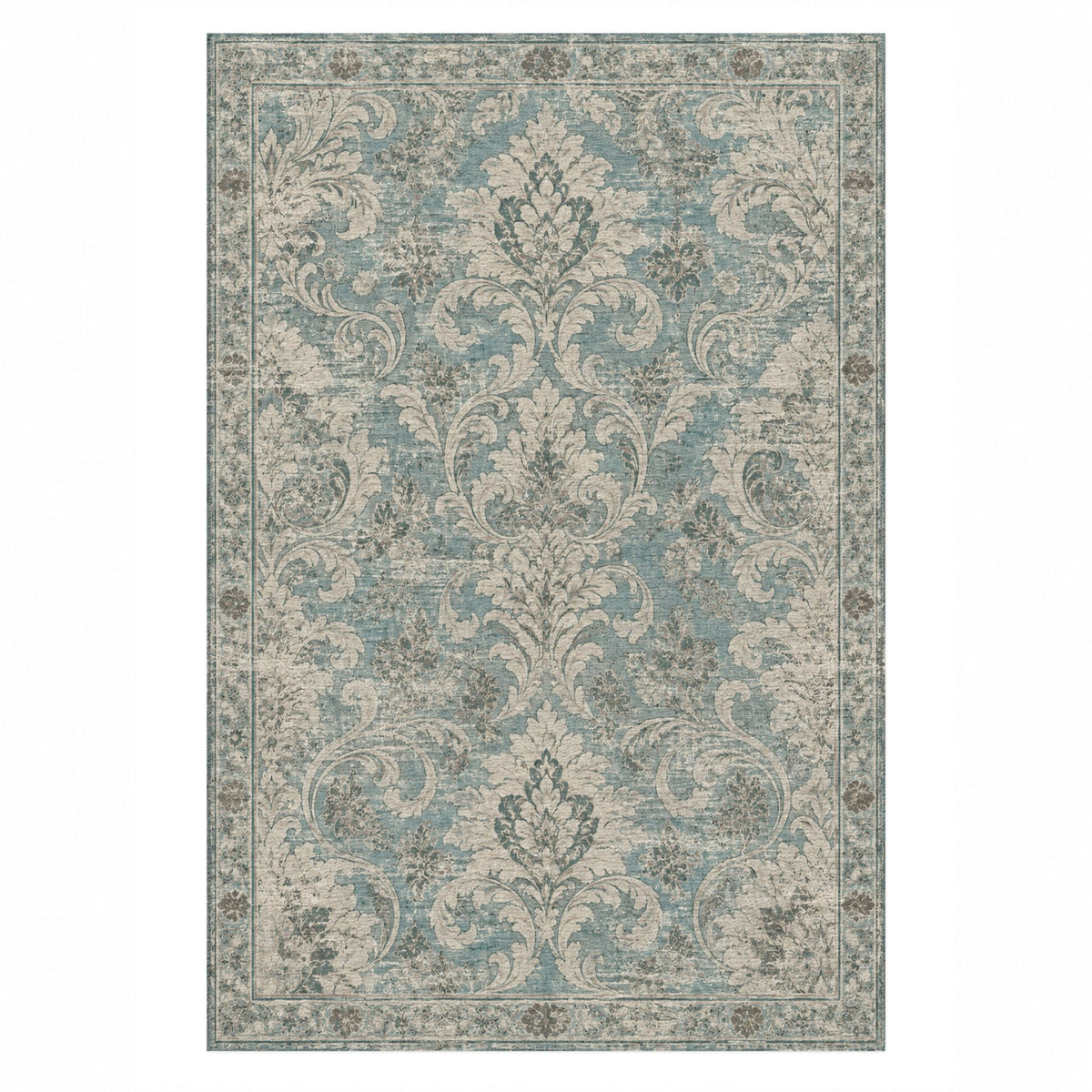 Washed Damask Turquoise Blue Vintage Washable Rug — top view