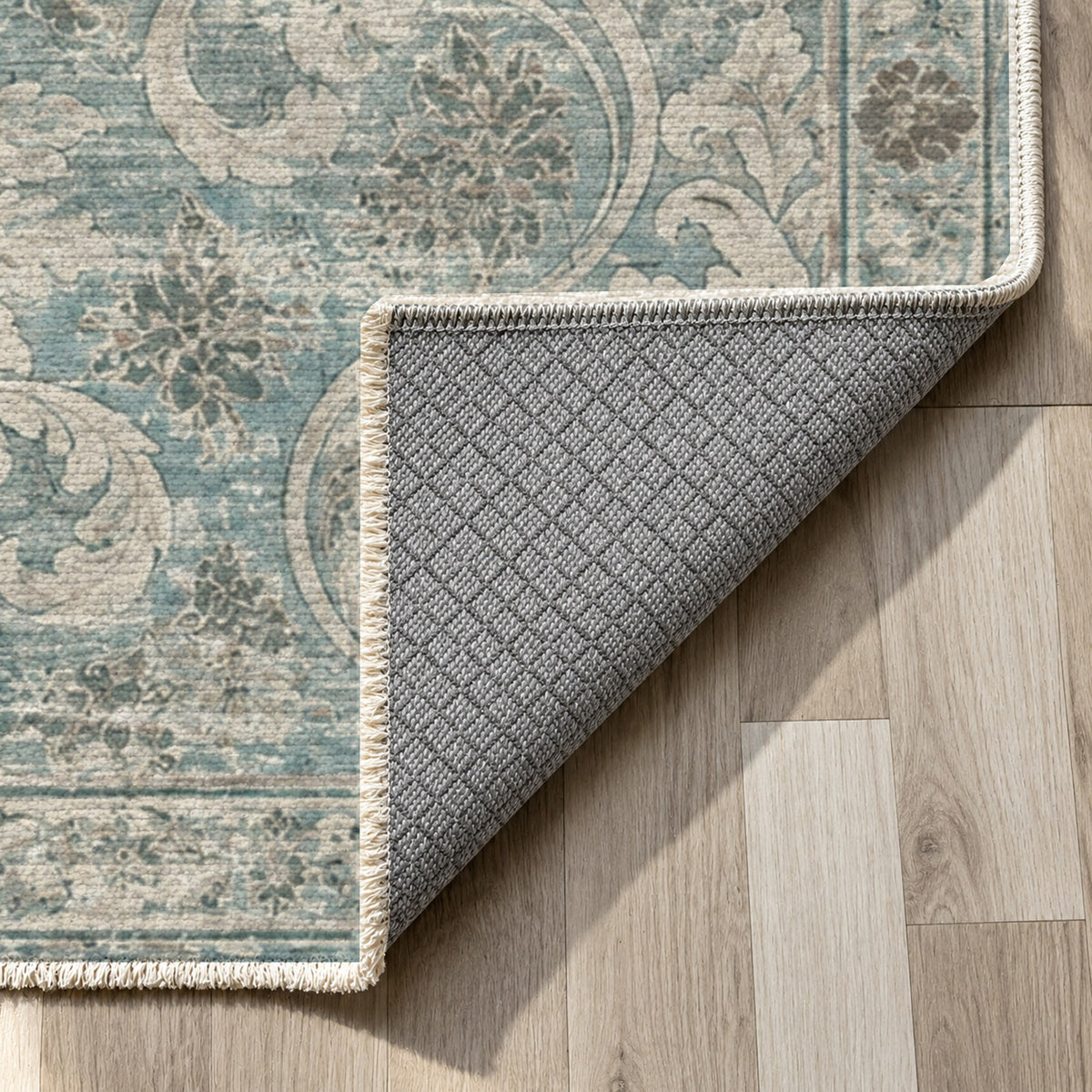 Washed Damask Turquoise Blue Vintage Washable Rug — backing close up