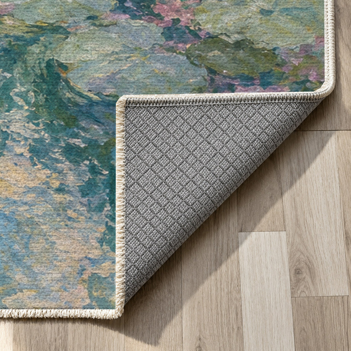 Water Garden Abstract Washable Rug — backing close up