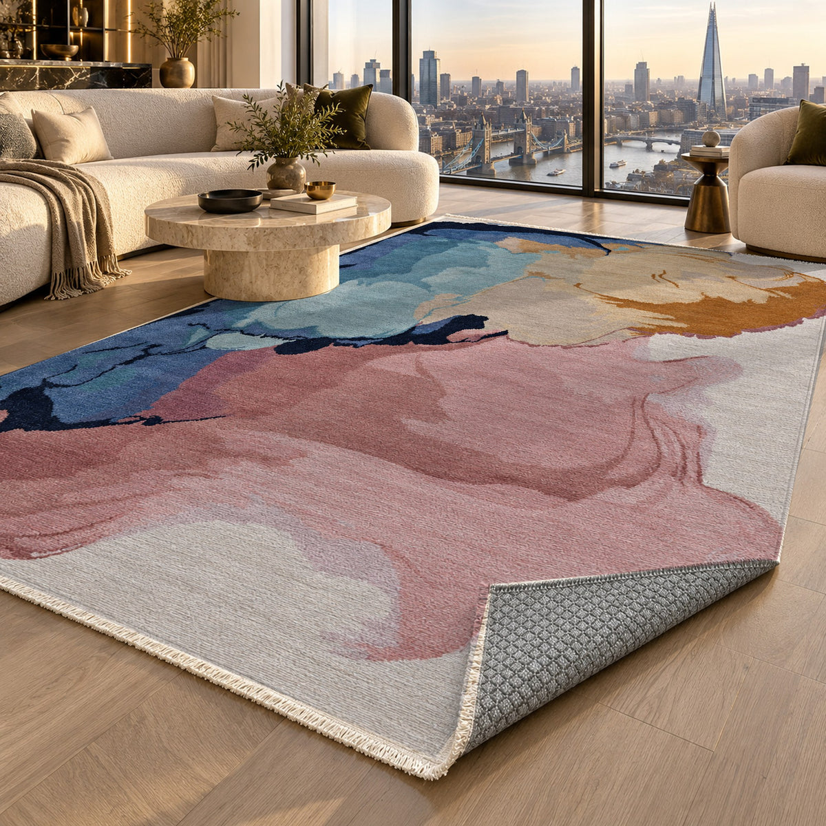 Watercolour Blush Navy Abstract Washable Rug — london luxury living