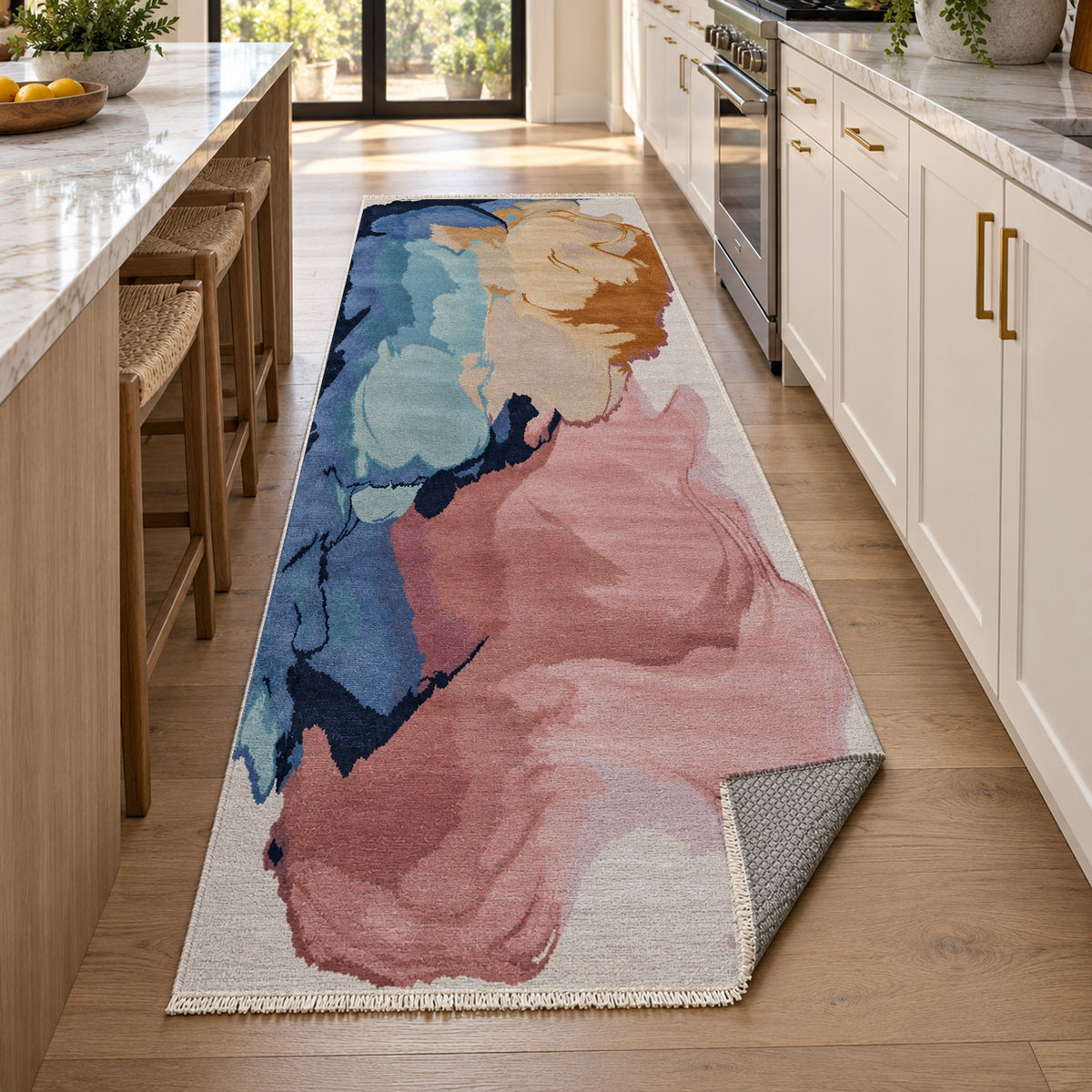 Watercolour Blush Navy Abstract Washable Rug — new york kitchen runner