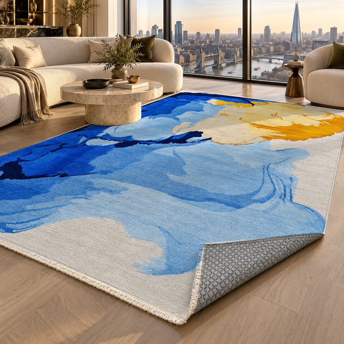 Watercolour Cobalt Saffron Abstract Washable Rug — london luxury living
