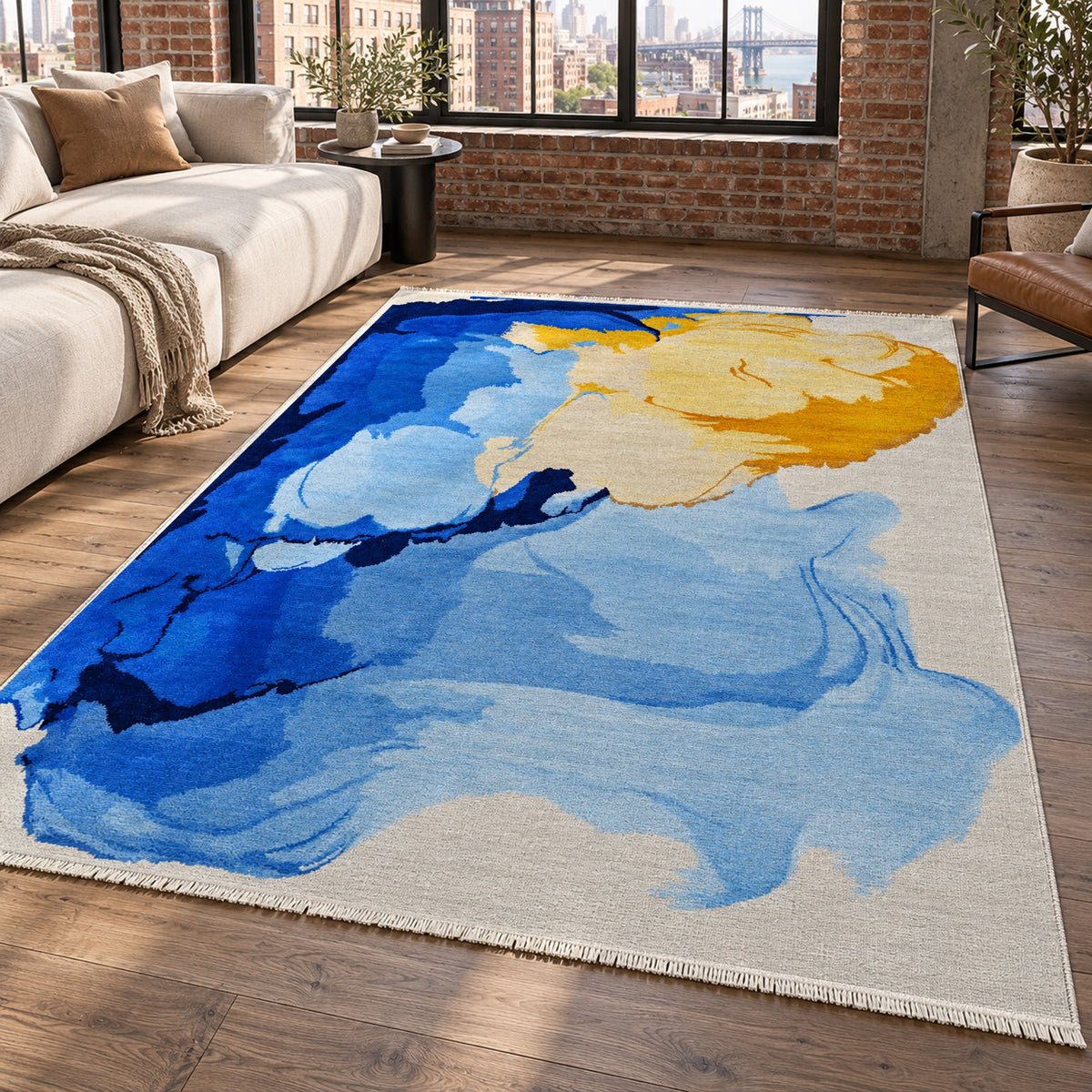 Watercolour Cobalt Saffron Abstract Washable Rug — new york living