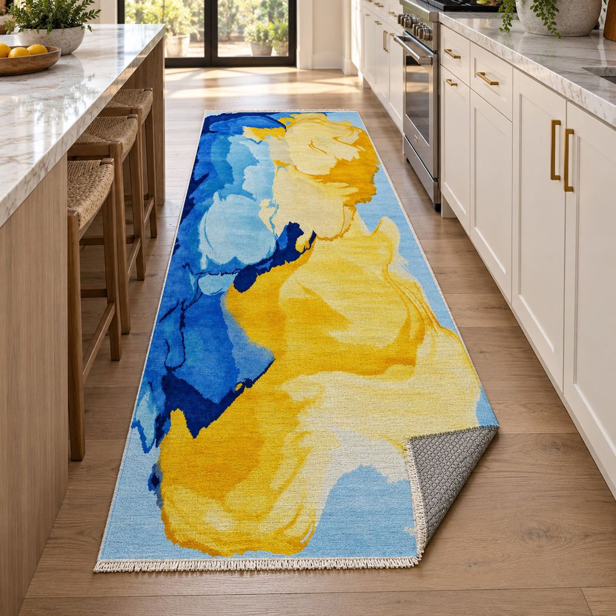 Watercolour Cobalt Saffron Abstract Washable Rug — new york kitchen runner
