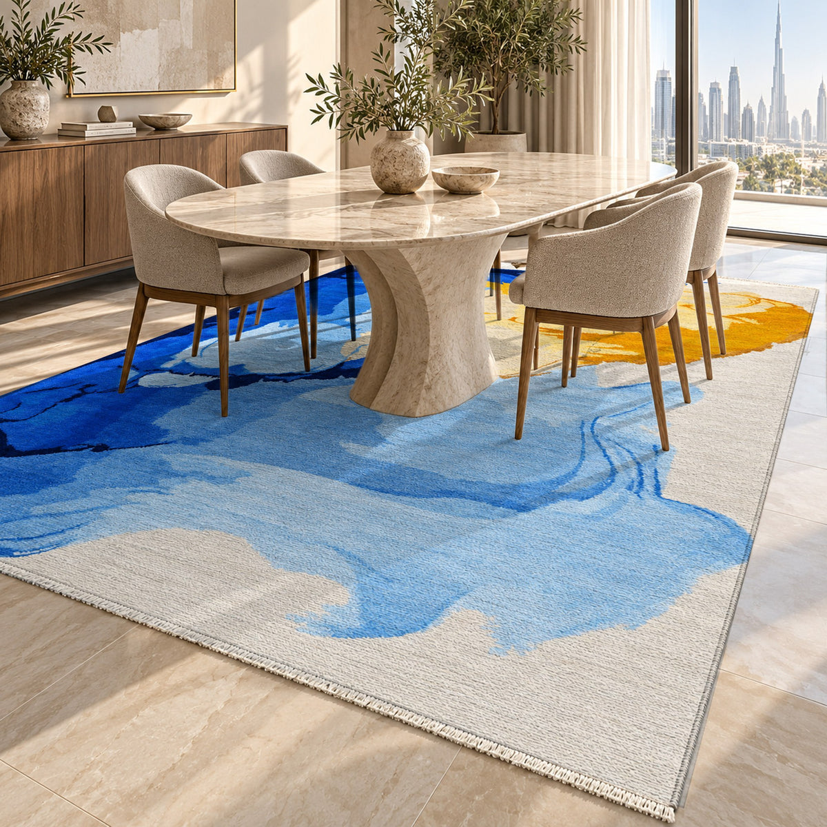 Watercolour Cobalt Saffron Abstract Washable Rug — dubai dining