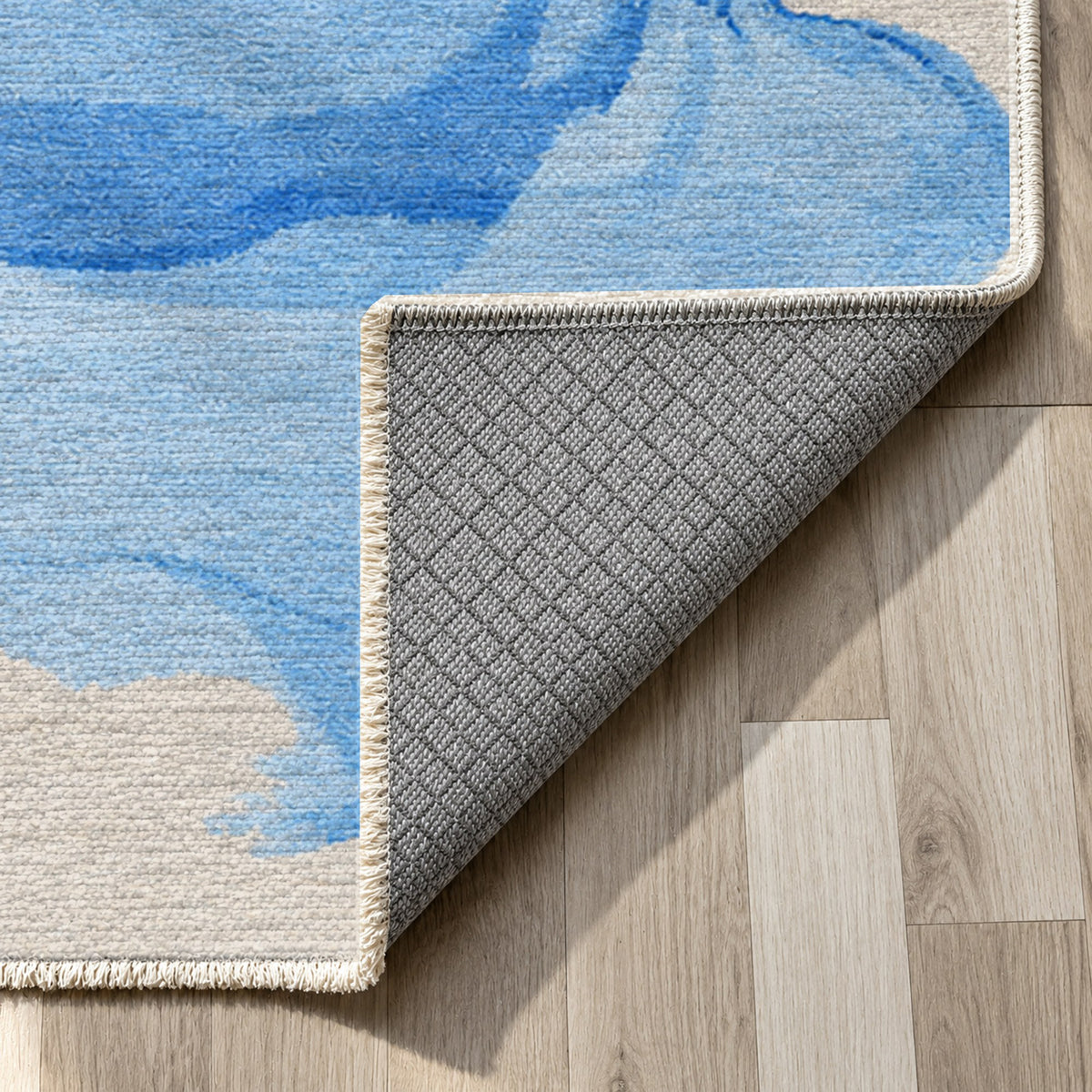Watercolour Cobalt Saffron Abstract Washable Rug — backing close up