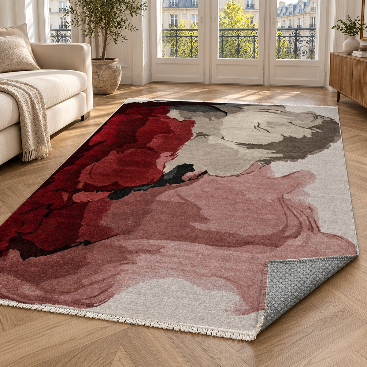 Watercolour Crimson Charcoal Abstract Washable Rug — paris living