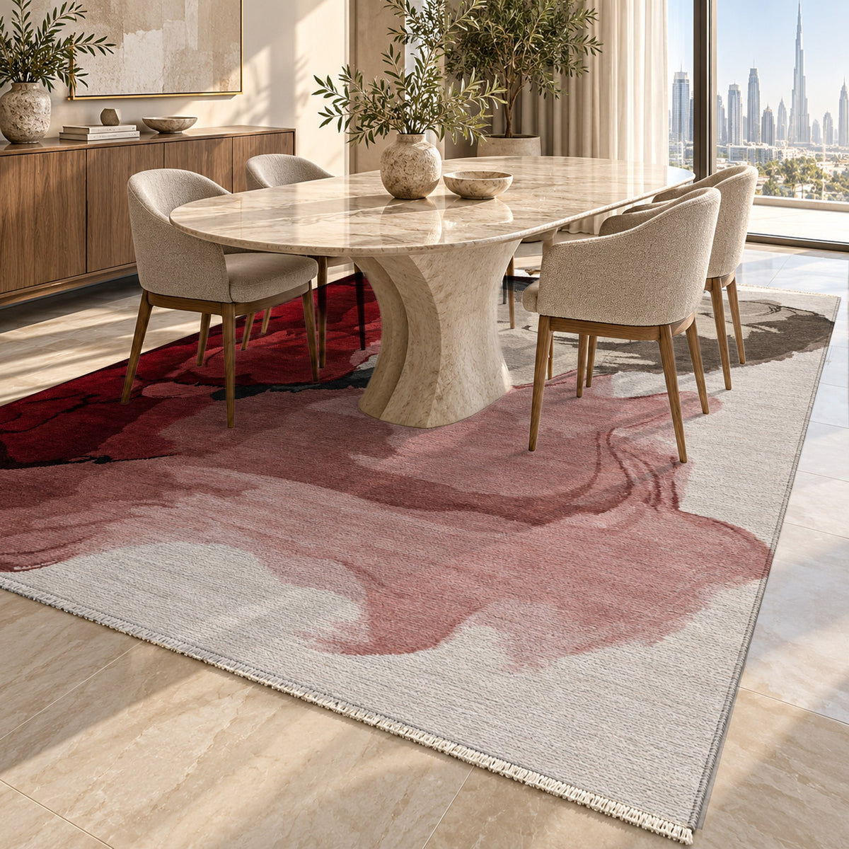 Watercolour Crimson Charcoal Abstract Washable Rug — dubai dining