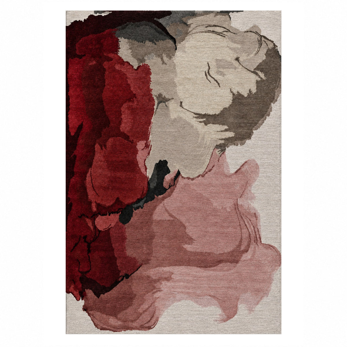 Watercolour Crimson Charcoal Abstract Washable Rug — top view