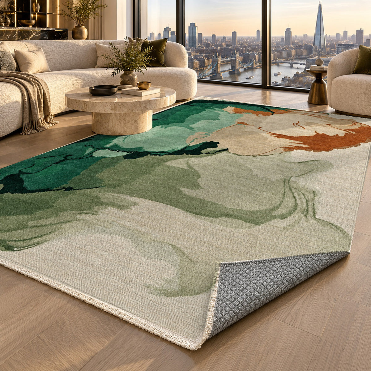 Watercolour Emerald Copper Abstract Washable Rug — london luxury living
