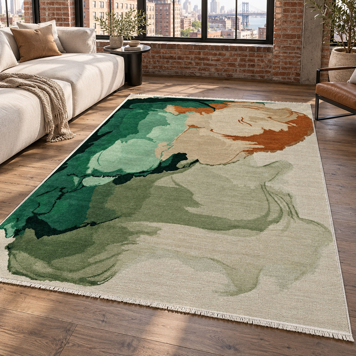 Watercolour Emerald Copper Abstract Washable Rug — new york living