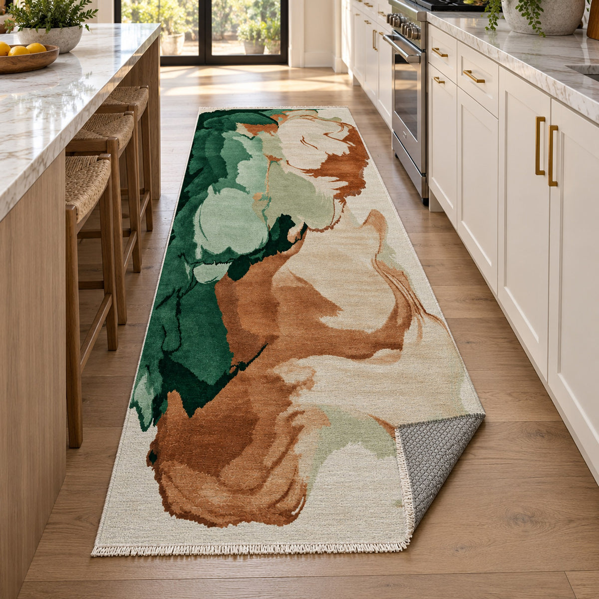 Watercolour Emerald Copper Abstract Washable Rug — new york kitchen runner