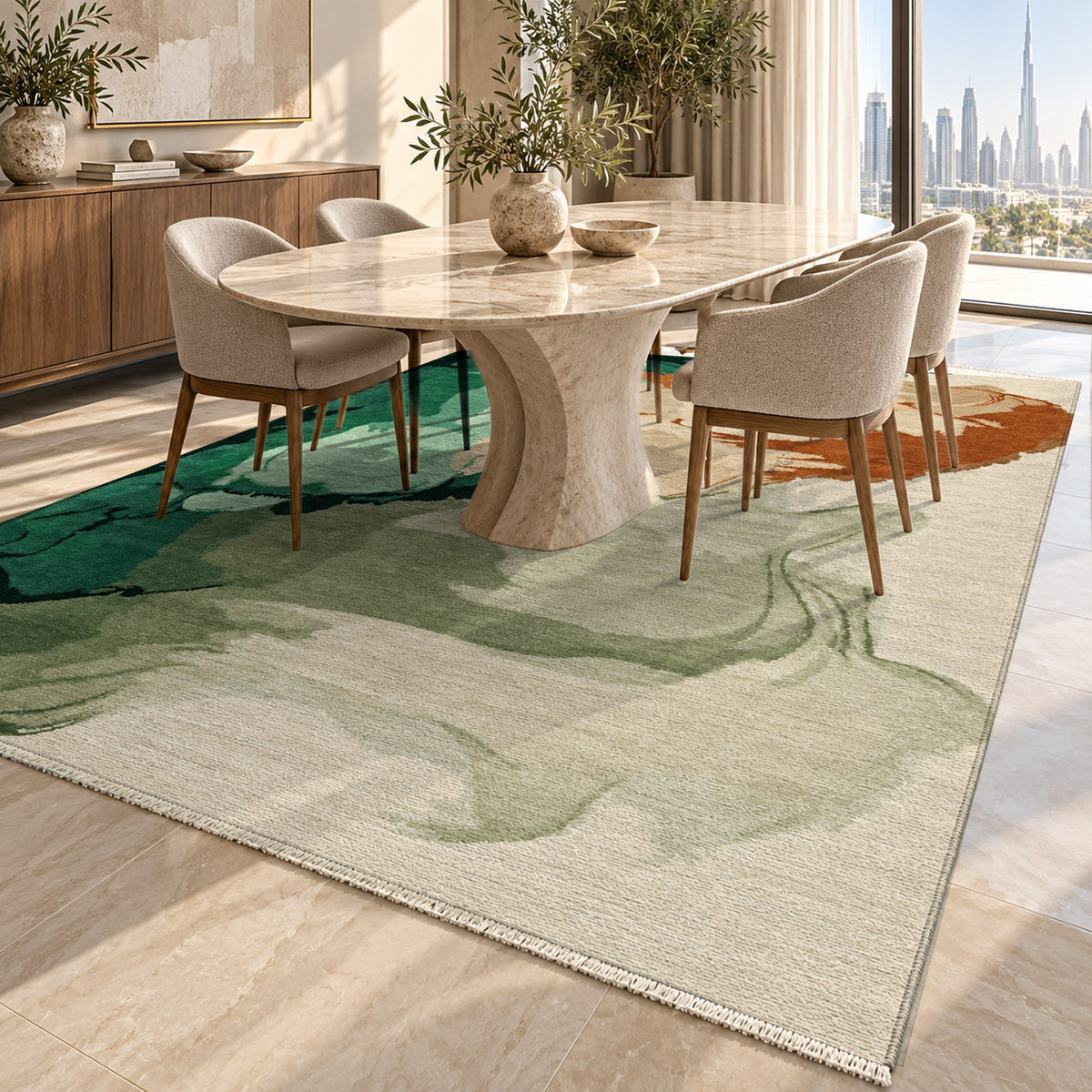Watercolour Emerald Copper Abstract Washable Rug — dubai dining