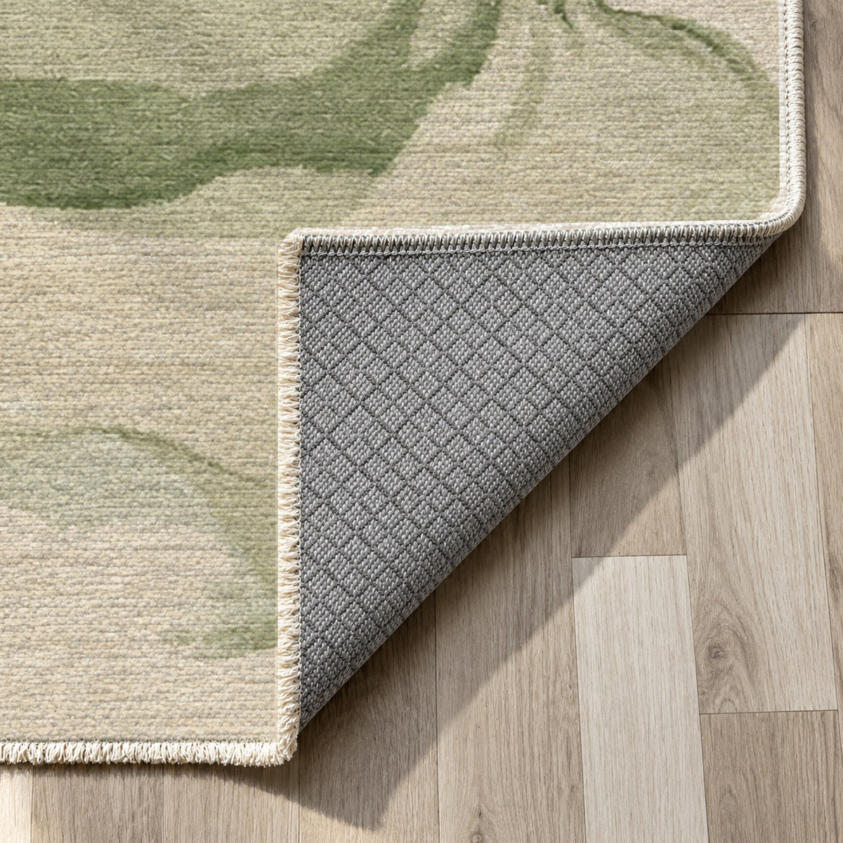 Watercolour Emerald Copper Abstract Washable Rug — backing close up