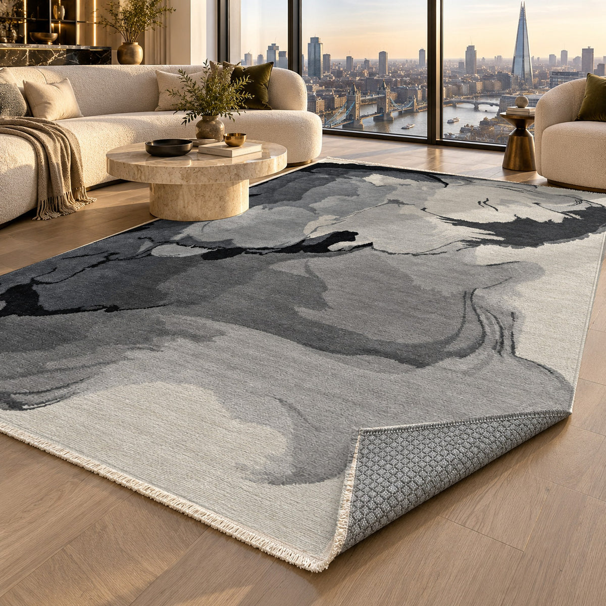 Watercolour Monochrome Stone Abstract Washable Rug — london luxury living