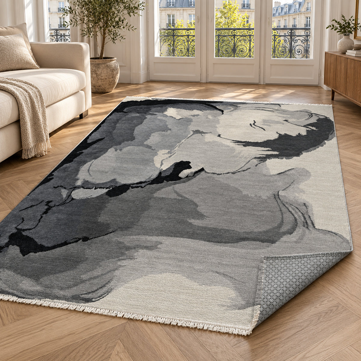 Watercolour Monochrome Stone Abstract Washable Rug — paris living