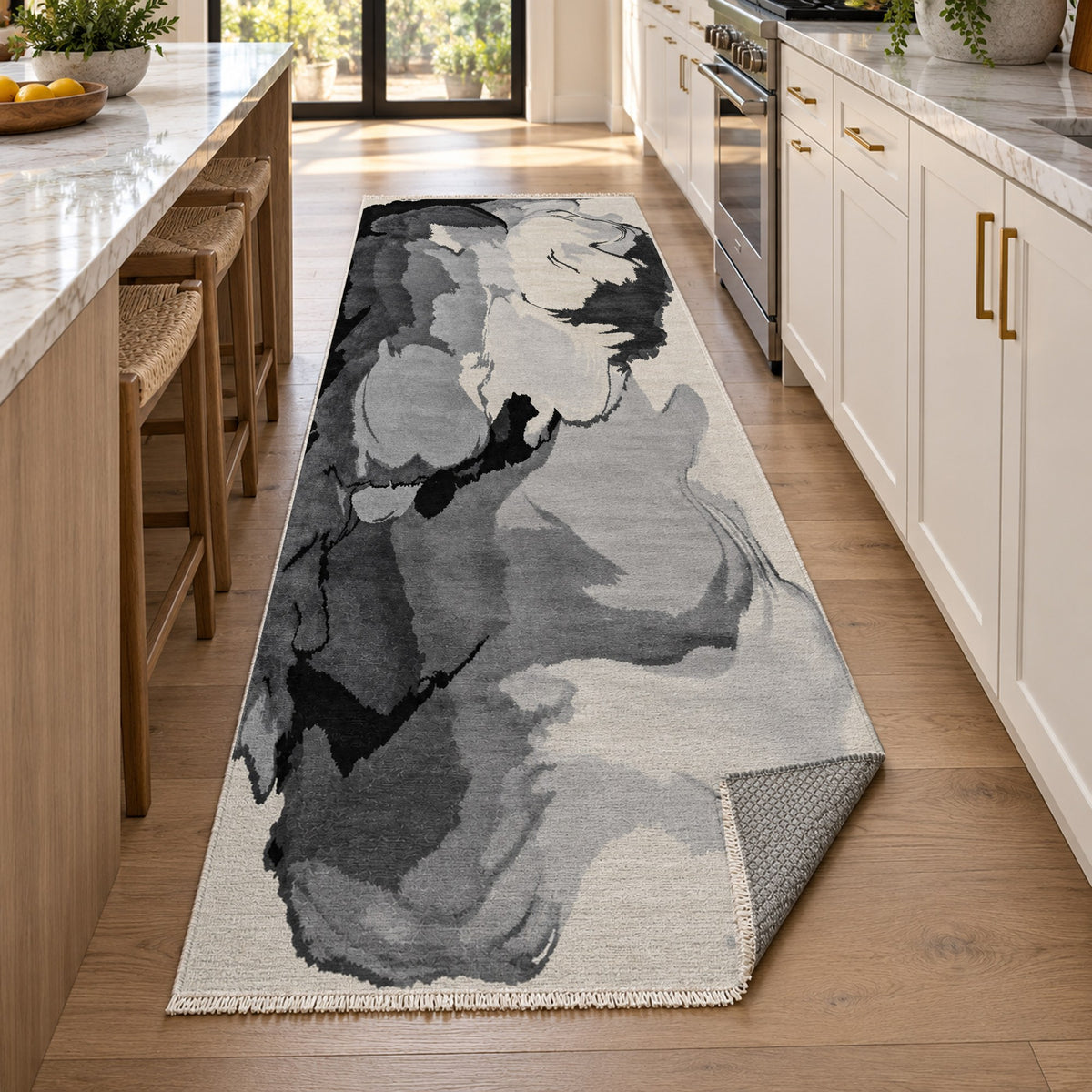 Watercolour Monochrome Stone Abstract Washable Rug — new york kitchen runner