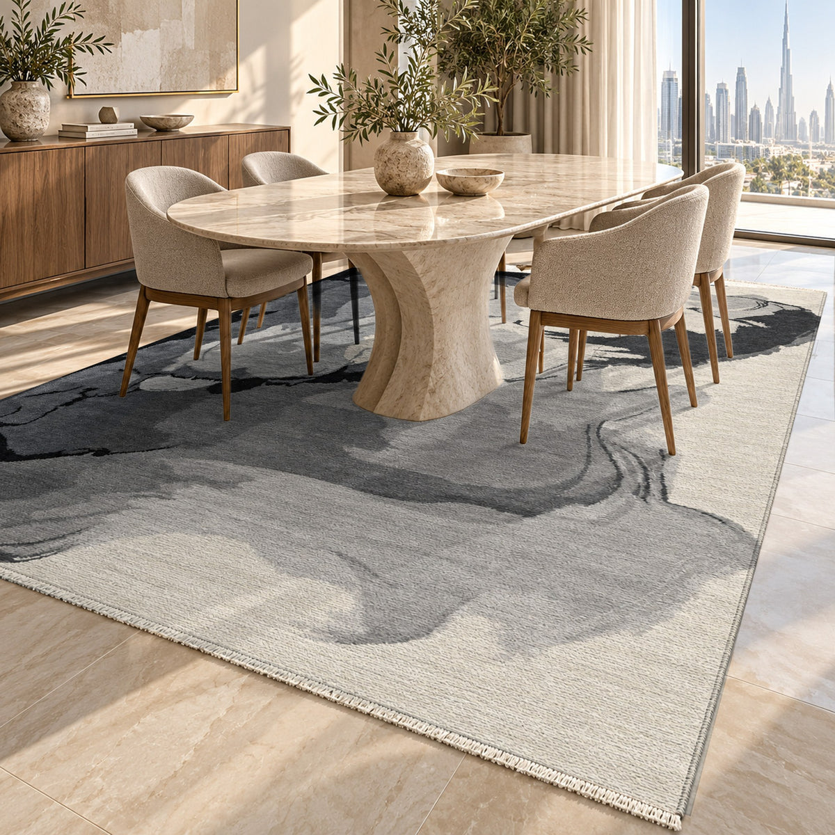 Watercolour Monochrome Stone Abstract Washable Rug — dubai dining