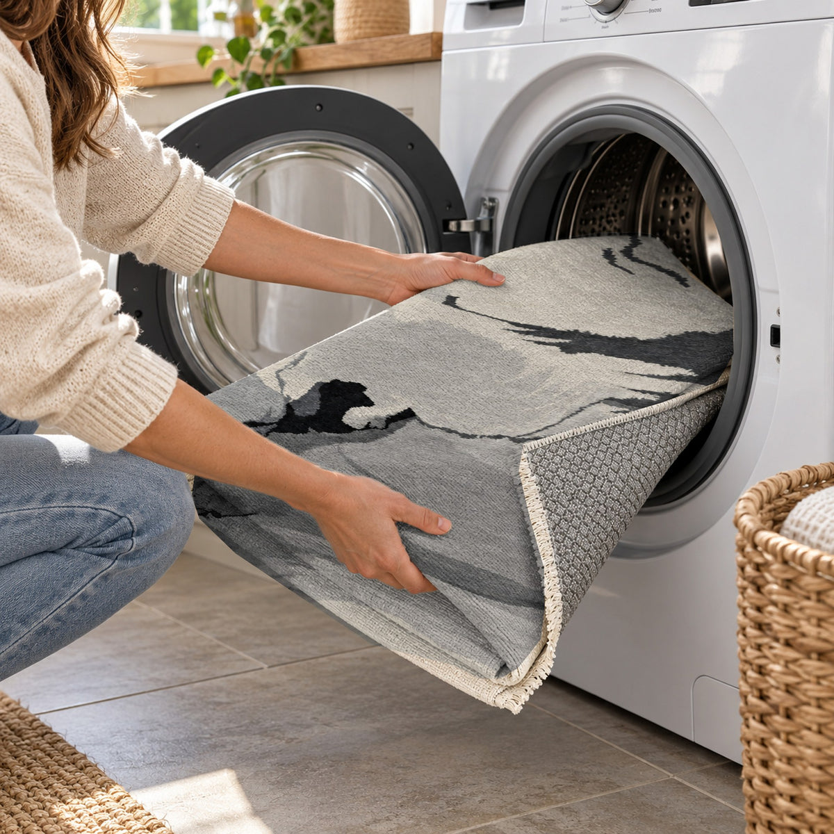 Watercolour Monochrome Stone Abstract Washable Rug — washing machine