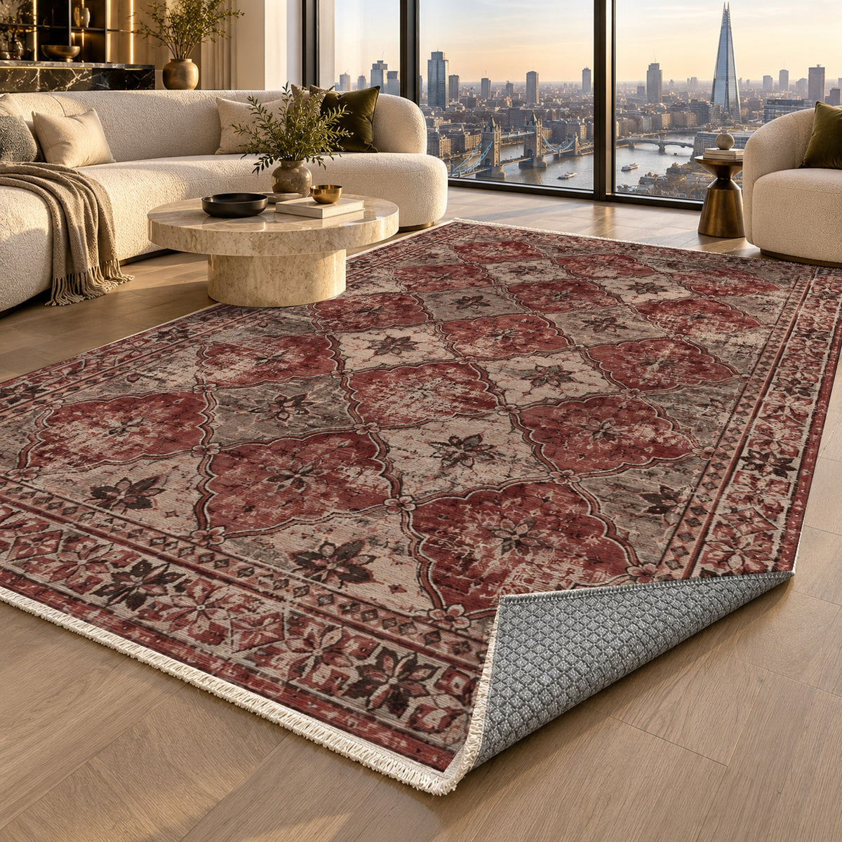 Weathered Mosaic Burgundy Red Vintage Washable Rug — london luxury living