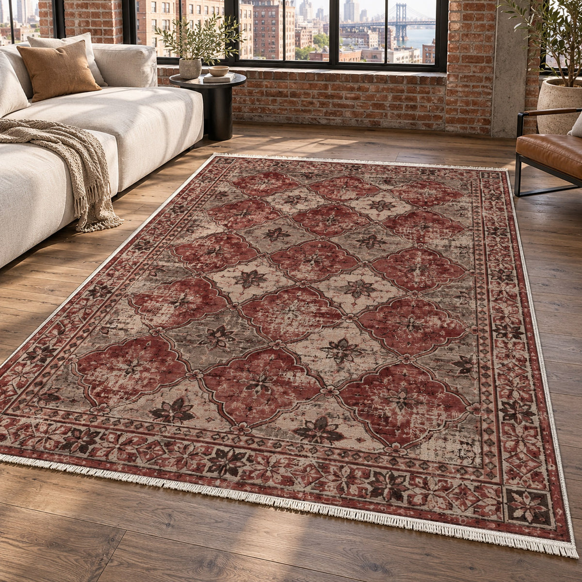 Weathered Mosaic Burgundy Red Vintage Washable Rug — new york living