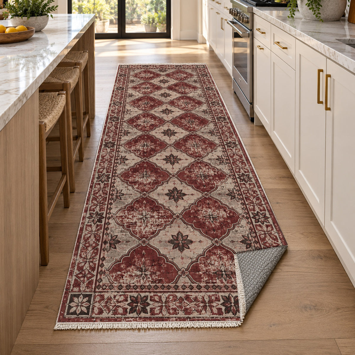 Weathered Mosaic Burgundy Red Vintage Washable Rug — new york kitchen runner