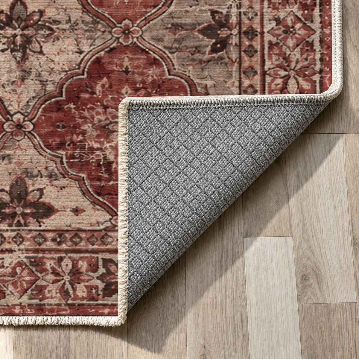 Weathered Mosaic Burgundy Red Vintage Washable Rug — backing close up