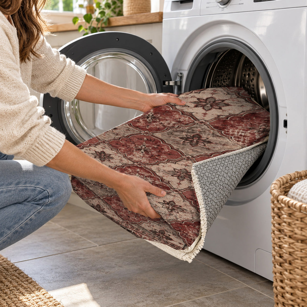 Weathered Mosaic Burgundy Red Vintage Washable Rug — washing machine