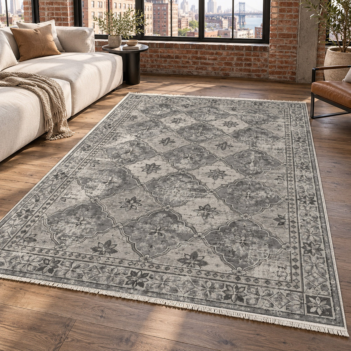 Weathered Mosaic Charcoal Silver Vintage Washable Rug — new york living