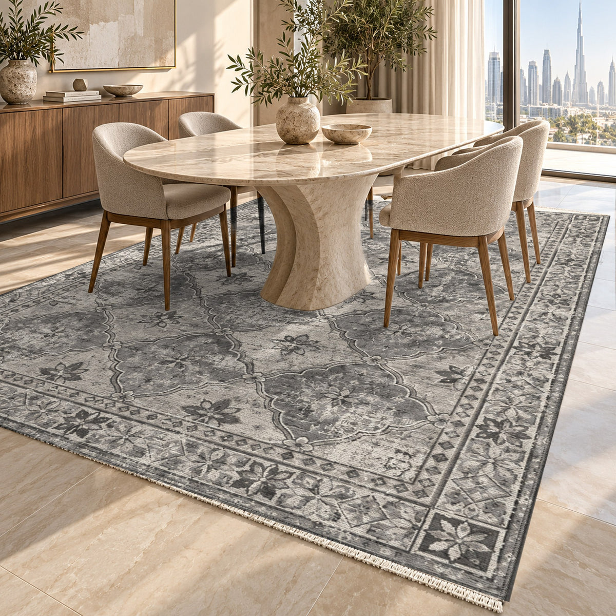 Weathered Mosaic Charcoal Silver Vintage Washable Rug — dubai dining