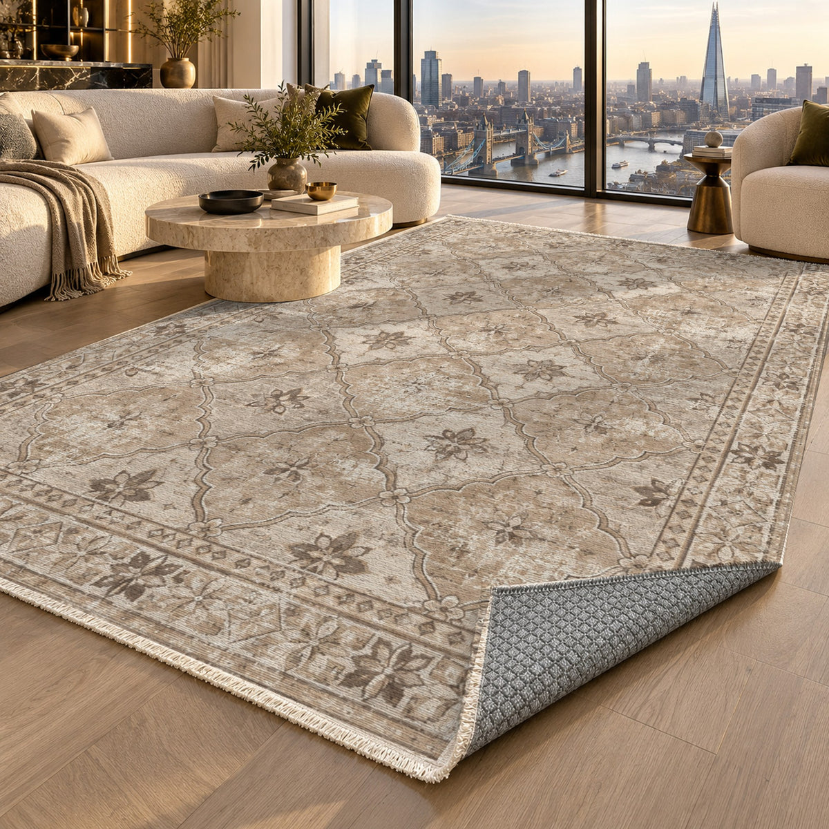 Weathered Mosaic Ivory Taupe Vintage Washable Rug — london luxury living