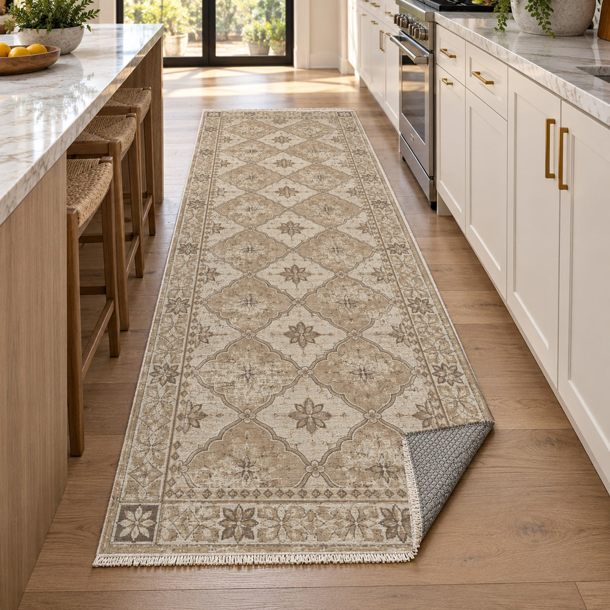 Weathered Mosaic Ivory Taupe Vintage Washable Rug — new york kitchen runner