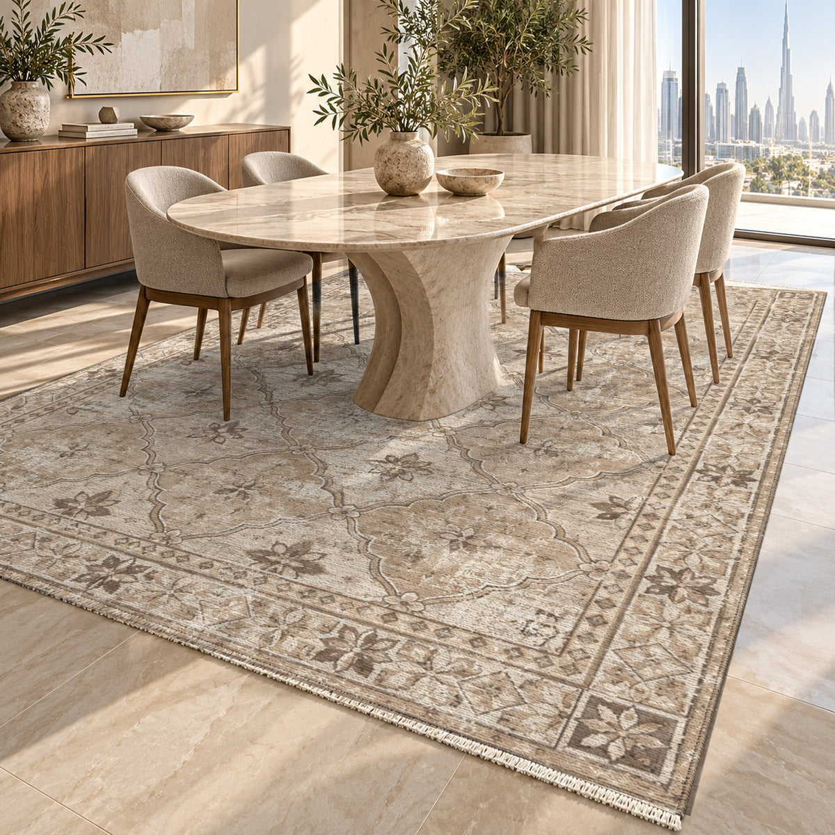 Weathered Mosaic Ivory Taupe Vintage Washable Rug — dubai dining