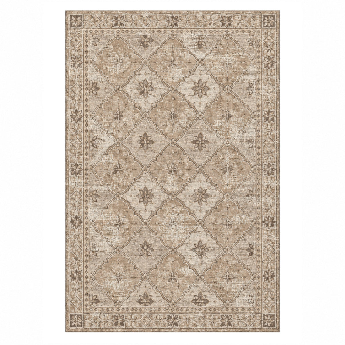 Weathered Mosaic Ivory Taupe Vintage Washable Rug — top view