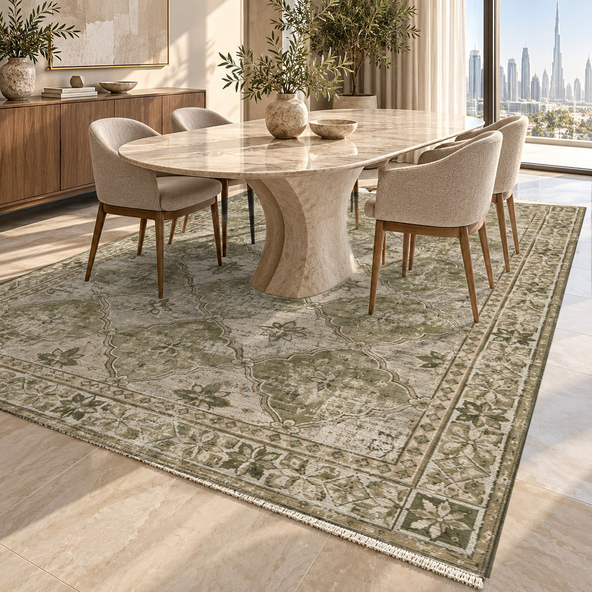 Weathered Mosaic Olive Green Vintage Washable Rug — dubai dining