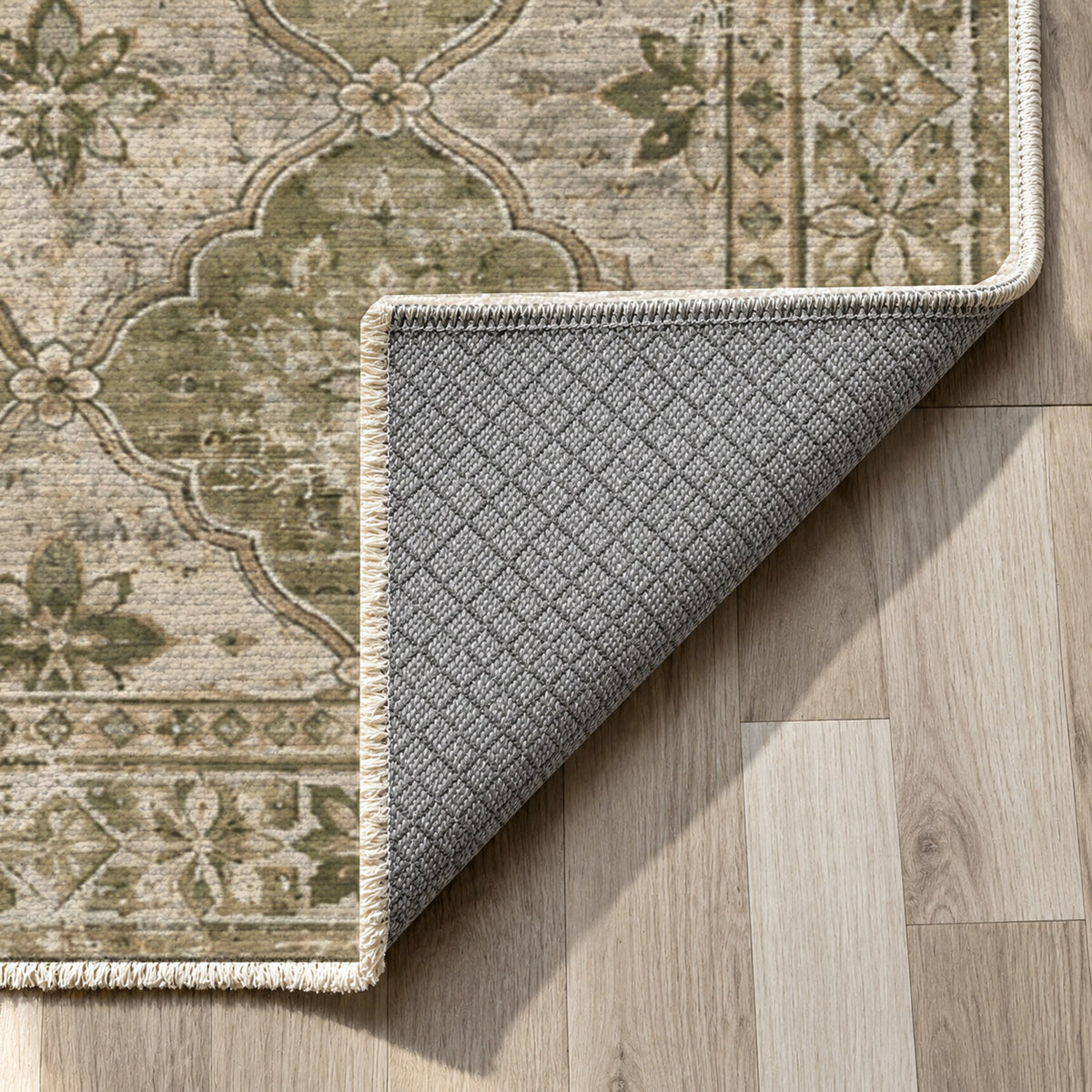Weathered Mosaic Olive Green Vintage Washable Rug — backing close up