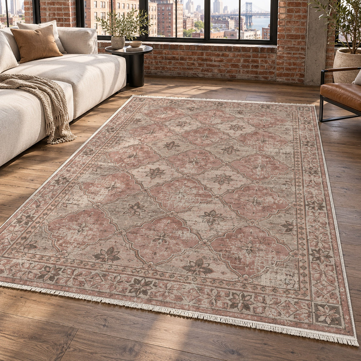 Weathered Mosaic Rose Pink Vintage Washable Rug — new york living