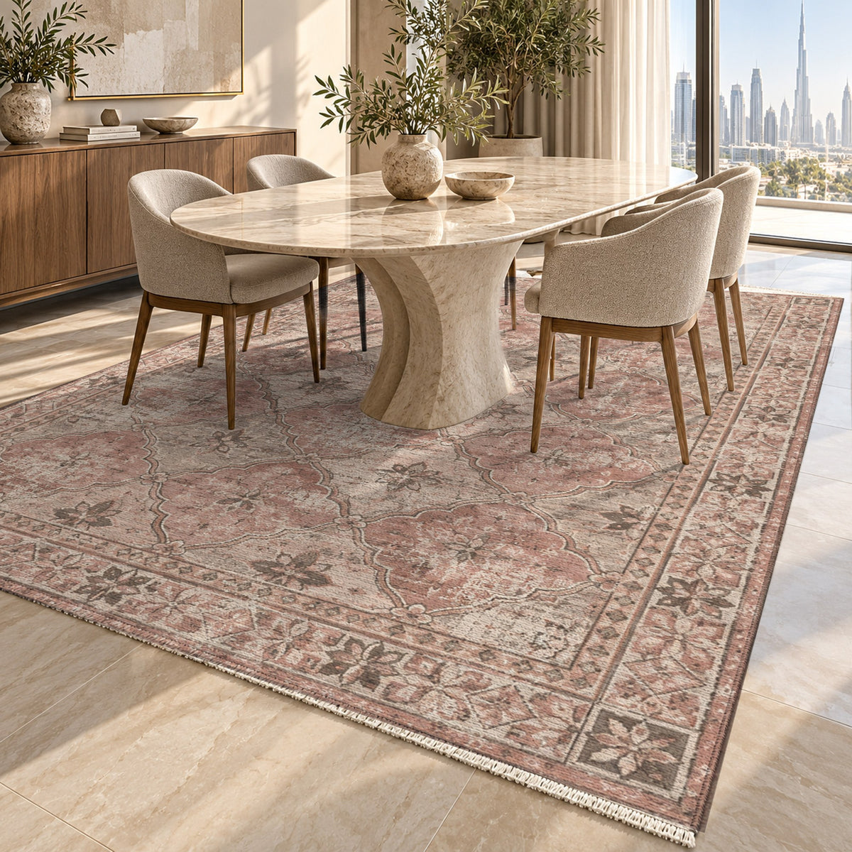 Weathered Mosaic Rose Pink Vintage Washable Rug — dubai dining