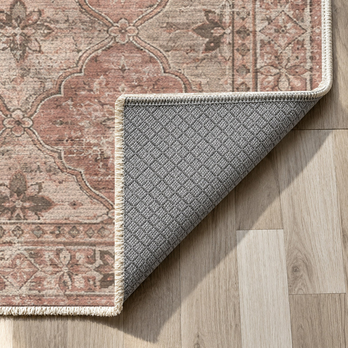 Weathered Mosaic Rose Pink Vintage Washable Rug — backing close up