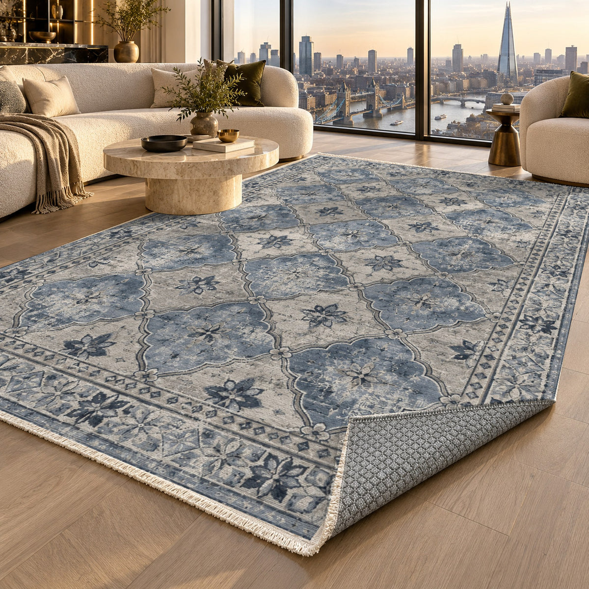 Weathered Mosaic Slate Blue Vintage Washable Rug — london luxury living