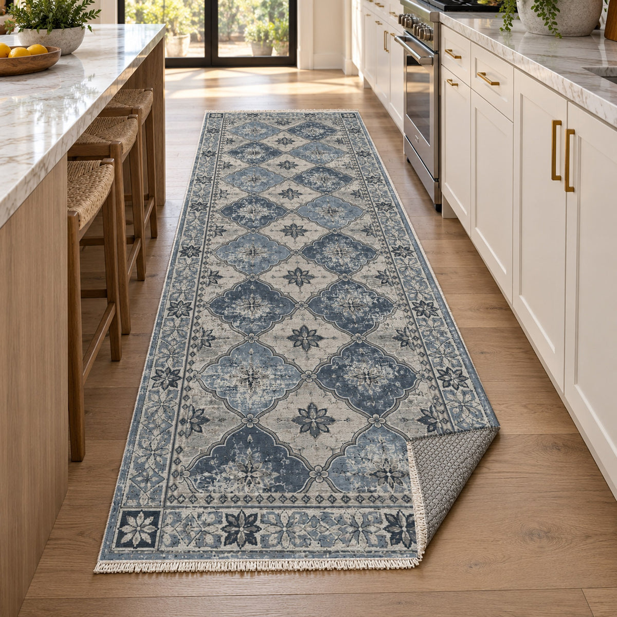 Weathered Mosaic Slate Blue Vintage Washable Rug — new york kitchen runner